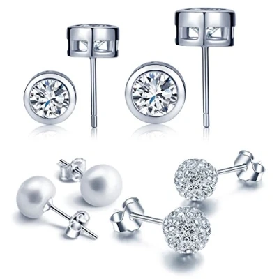 Image of Yumilok Jewelry Women&#039;s 4 Pairs 925 Sterling Silver Crystal Cubic Zirconia Pearls Studs Hypoallergenic Earring Set