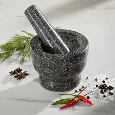 Image of ASAB Granite Pestle &amp; Mortar Set Natural Honed Polished Food Flavour Fresh Spice Herb Crusher Grinder Grinding Paste Grey