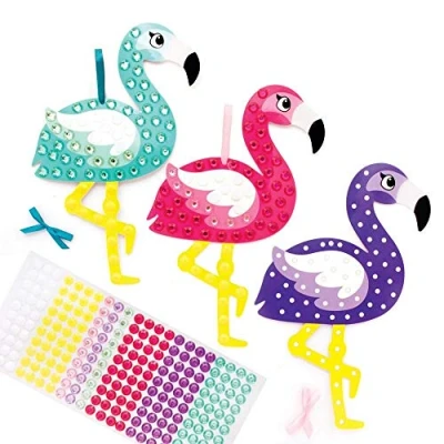 Image of Baker Ross FE143 Flamingo Diamond Art Kits Pack of 3, Make Your Own Picture Kit, Creative Activities for Kids, Self Adhesive Gems Set