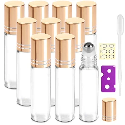 Image of Yalbdopo 10Pcs, 10ml Essential Oil Roller Bottles Refillable Transparent Glass Roll on Clear with Stainless Steel Balls &amp; Gold Cap, Include 12 Label, Dropper Opener