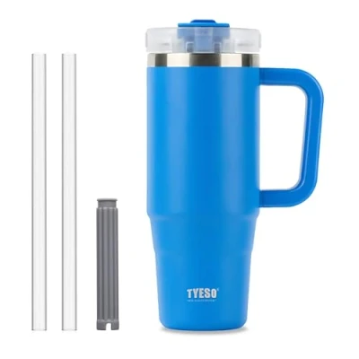 Image of Tumbler with Straw and Lid, 30oz Insulated Travel Cup Straw, Double Wall Stainless Steel Iced Coffee Cup, Leak Proof Mug, Large Handle (Klein Blue)