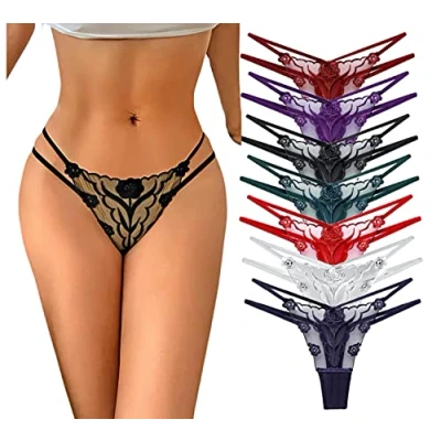 Image of Persepolis Women Mesh Thong Floral G string Panties Sexy Knickers Lingerie Underwear 3/7 Pack (L, 7 Colours Pack)