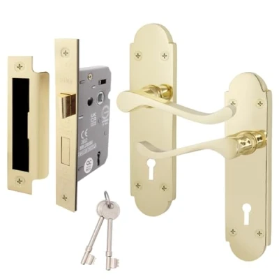 Image of EAI Polished Brass Door Handle Key Lock Set Victorian Scroll Shaped 1 Pair of Internal Handles with Sash (64mm) &amp; Keys
