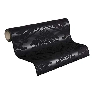 Image of Livingwalls 552631 Classic Vintage Baroque Wallpaper in Black with Flock Damask Pattern,1&#039;8&#039;&#039; x 32&#039;11&#039;&#039; (0.53 10.05 m)
