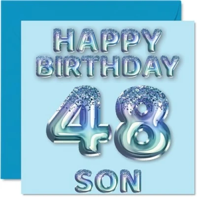 Image of 48th Birthday Card for Son Blue Glitter Party Balloons Happy Cards 48 Year Old from Mum Dad Parents, 145mm x Bday Greeting Gift