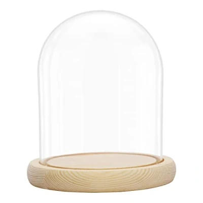 Image of BELLE VOUS Glass Dome Cloche Bell Jar with Natural Wooden Base 16.2cm / 6.38 Inches Tall Clear Decorative Tabletop Display Case Tray for Fairy Lights, Centrepieces and Antiques