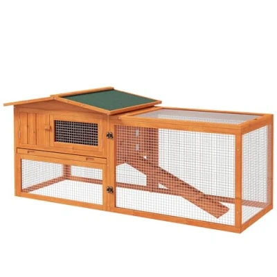 Image of PawHut Rabbit Hutch with Run Wooden Guinea Pig Outdoor Bunny Cage Hide House Sliding Tray, Hay Rack, Ramp, 156 x 58 68cm, Orange