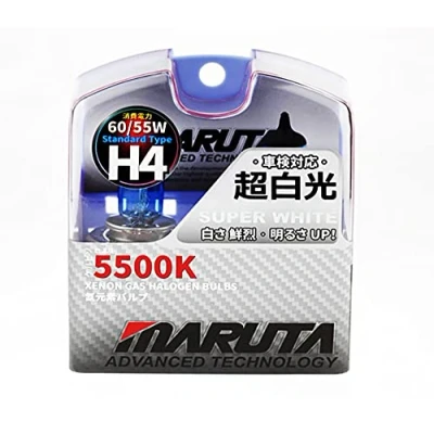 Image of MARUTA® H4 60 55W 12 V 5500K, Super White Series Xenon Gas Filled Headlight Bulbs (E4) With Advanced Technology
