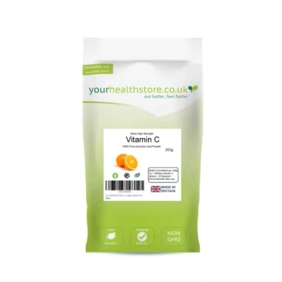 Image of yourhealthstore Vitamin C Powder 200g, Extra High Strength Ascorbic Acid 100% Pure British Pharmaceutical Grade Non GMO, Vegan, Gluten Free.