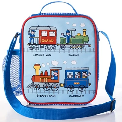 Image of Tyrrell Katz Kids Insulated Trains Printed Lunch Bag in Blue Children&#039;s Zip Meal Tote with Adjustable Strap and Bottle Holder 21.5 x 24.5 6 cm