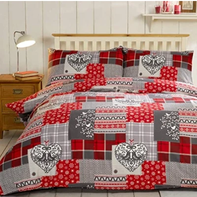 Image of Alpine Patchwork 100% Brushed Cotton Flannelette Heart Quilt Duvet Cover and 2 Pillowcase Bedding Bed Set, Red/Multi Colour, King