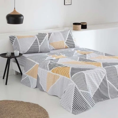 Image of COTTON ARTean GEKA Bed Sheet Set, 180 x 190/200 cm, 50% Cotton, Polyester, Grey and Mustard