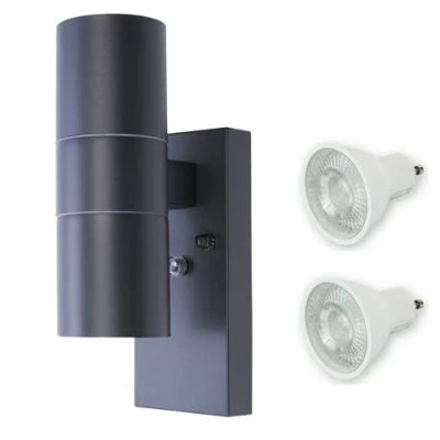 Image of Hispec LED GU10 Outdoor Lighting: Dusk Till Dawn Up and Down Wall Mounted Outside Light with Photocell Sensor: IP44 Anthracite Grey: Single UpDown 2 Bulbs