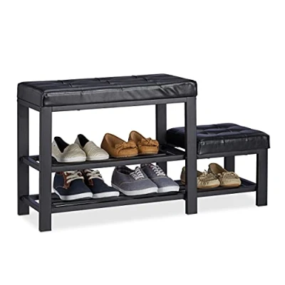 Image of Relaxdays Shoe Bench with Footstool, Comfortable Seat Padding, 2 Tiers, Rack for Kids, 50 x 30.5 90.5 cm, Black