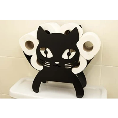 Image of HomeZone Novelty black Cat toilet roll holder Metal bathroom Kitty Kitten decor Loo Stand Storage Wall Mounted Free Standing accessories