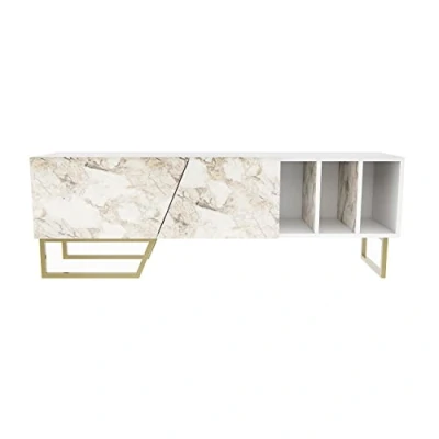 Image of DECOROTIKA Linossa Modern TV Stand Cabinet Unit Entertainment Centre with Metal Sturdy Legs, Open Shelves and Cabinets (White Marble Effect Gold Colour)