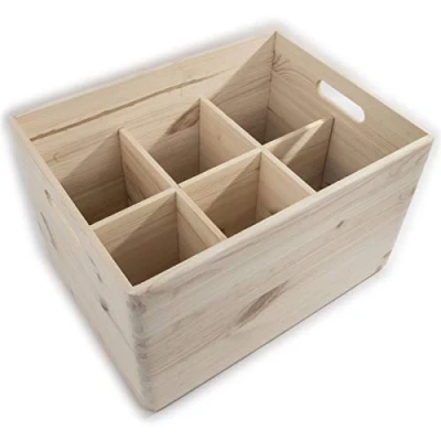 Image of Large Wooden Open Storage Box with 6 Compartments 40 x 30 23 cm Unpainted &amp; Untreated Decorative Pine Removable Dividers Non lidded Trunk Crate Keepsake Tool Toy Container Organiser