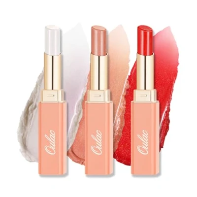 Image of Oulac Moisture Shine Lipstick Set Moisturising Peach &amp; Red Lipstick, Tinted Lip Balm for Dry Lips, Colour Juicy Look, Glossy Finish, Vegan, Cruelty Free (S3/S5/S6)