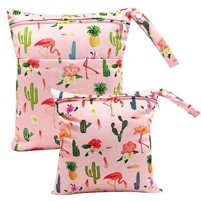 Image of FenFang Wet Bag, Dry Bags for Cloth Diapers Nappy Daycare Organiser Storage Bags, Waterproof Washable Reusable Zipper Bag (Pink)