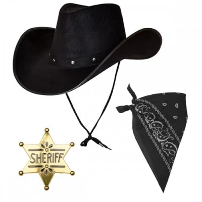 Image of Texan Cowboy Black Hat + Bandana Gold Western Sheriff Badge : 3 Piece Adult Wild West Fancy Dress Accessory Set