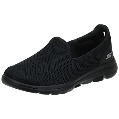 Image of Skechers Women&#039;s GO Walk 5 Slip On Trainers, Black Textile Hot Pink Trim, 7.5 UK