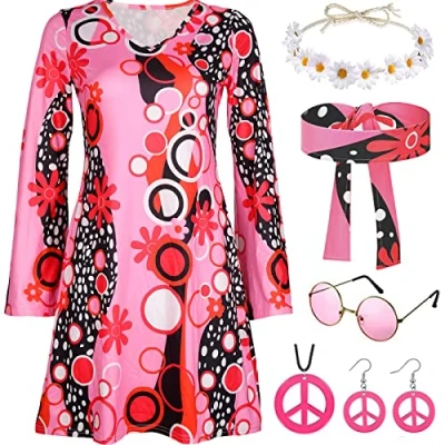 Image of 60s 70s Fancy Dress Women 1960s 1970s Hippie Hippy Up Costume for Adult Ladies Clothes Disco Outfit Flower &amp; Accessories (XL)