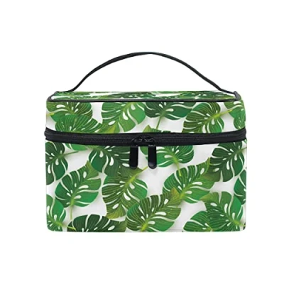 Image of Makeup Bag, Tropical Leaf Print Cosmetic Toiletry Storage Organiser Case Large Travel Handle Personalised Pouch with Compartments for Teenage Girl Women Lady