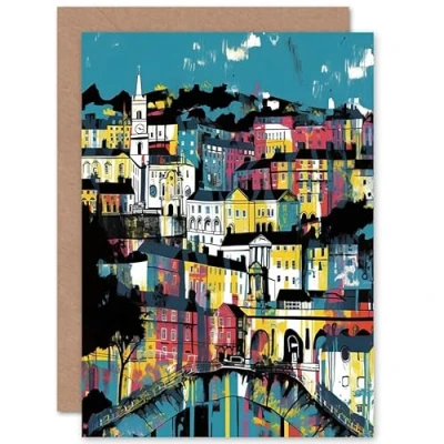 Image of Artery8 Modern Vertical Cityscape in Blue Pink and Yellow Travel Birthday Sealed Greeting Card Plus Envelope Blank inside