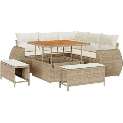 Image of 8 Piece Garden Sofa Set with Cushions Beige Poly Rattan Acacia vidaXL