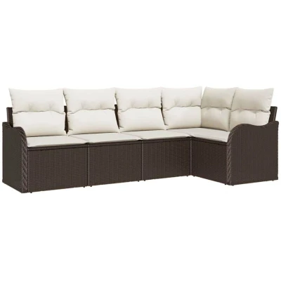 Image of vidaXL 5 Piece Garden Sofa Set with Cushions in Brown Poly Rattan