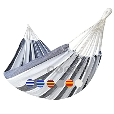 Image of GOCAN Double Brazilian Hammock 2 Person Extra Large 220 x 150 cm Total Length 330 Load 300 kg Cotton Canvas for Outdoor and Indoor Garden (Grey Stripe)