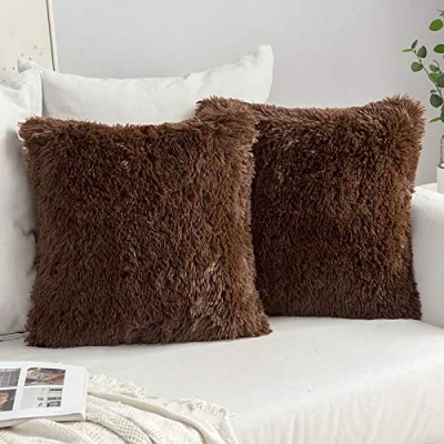 Image of MIULEE Faux Fur Cushion Covers Fluffy Throw Pillow Case Soft Decorative Square Cute Plush For Livingroom Sofa Bedroom 18 x Inch 45 cm Chocolate Pack of 2