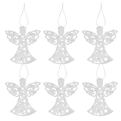 Image of Glitter Christmas Tree Decorations Set of 6 Angels Silver