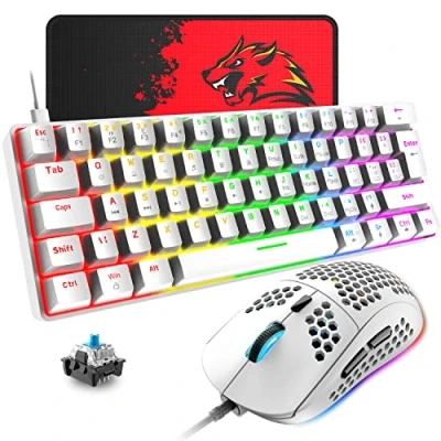 Image of T60 UK Layout 60% Mechanical Keyboard and Mouse Set, Compact 62 Keys Mini Wired Gaming 19 Rainbow Backlit + 6400DPI RGB Ultra Light PC Mice Pad For Laptop/MAC White/Blue Switch