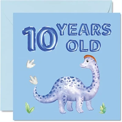 Image of 10th Birthday Card Dinosaur &amp; Balloons Happy 10 Year Old Boy, Boys Cards for Him, 145mm x Greeting Son Nephew Grandson Kid Children