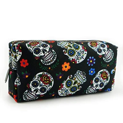 Image of LParkin Sugar Skull Pencil Case Super Large Capacity Canvas Pen Bag Pouch Stationary Makeup Cosmetic Gadget Box