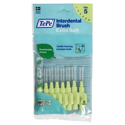 Image of TePe Interdental Brush, Extra Soft, Green, 0.8mm/ISO 5, 8pcs, Plaque Removal, efficient Clean Between The Teeth, Tooth Floss, for Small Gaps