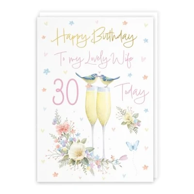 Image of Hunts England 30th Wife Champagne Flutes Birthday Card Luxury Gold Foil Milo&#039;s Gallery Age 30 Butterflies, Hearts, Flowers Pretty For Thirty A5 Size