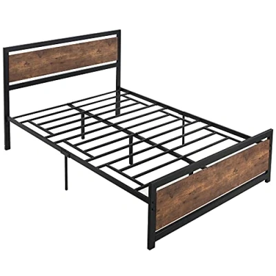 Image of HOMCOM Double Size Metal Bed Frame with Headboard &amp; Footboard, Strong Slat Support Full w/Underbed Storage Space, Bedroom Furniture For Adults
