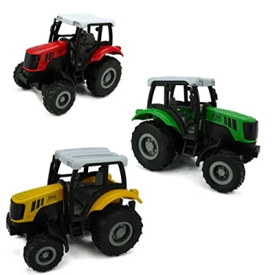 Image of Pack of 3 Die Cast Pull Back Tractor Farm Toys 1 Yellow, Red, Green