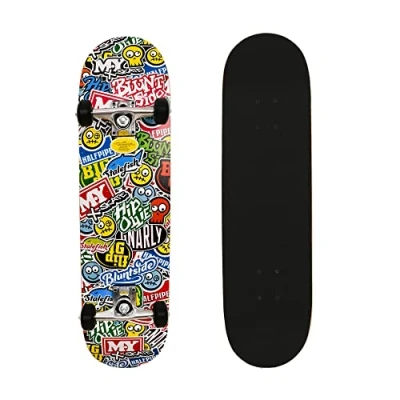 Image of M.Y X Skate &#039;Stickers&#039; Complete Skateboard 31&quot; Double Kick Beginner for Kids Teenagers &amp; Adults 7 Ply Birch Deck ABEC Bearings Tricks and Skateparks