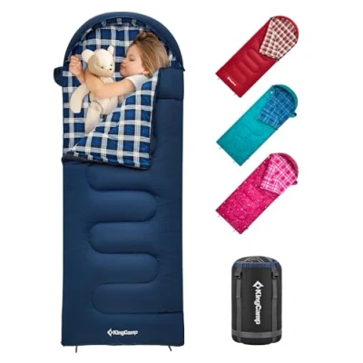 Image of KingCamp Kids Sleeping Bag Children 3 4 Season Winter Flannel Liner Cotton Warm Lightweight Single for Camping Hiking Backpacking Outdoor with Compression Sack Girls Boys 170x70cm