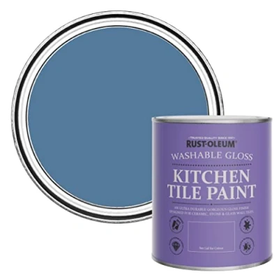 Image of Rust Oleum Blue Water Resistant Kitchen Tile Paint in Gloss Finish Silk 750ml