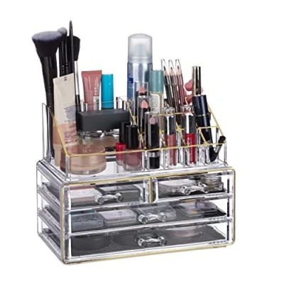 Image of Relaxdays Makeup Organizer with 4 Drawers, Cosmetics Holder for Nail Polish and Lipstick, Acrylic Kit, Golden Stripes