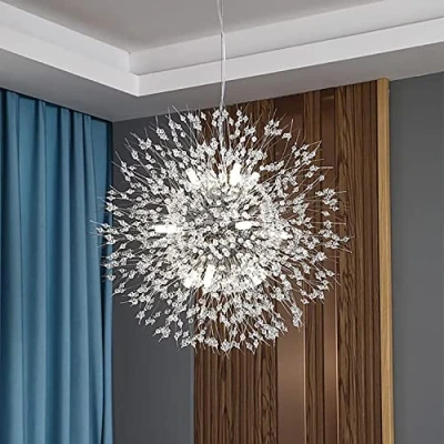 Image of EFPD Crystal Chandelier, Dandelion, 12 Lights Modern Round Firework Silver Stainless Steel Chandelier for Dining Room Bedroom Living Girl&#039;s