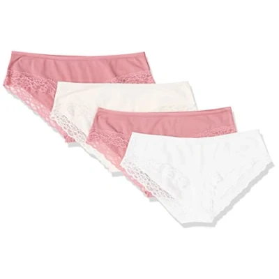 Image of Amazon Essentials Women&#039;s Cotton and Lace Hipster Knickers, Pack of 4, Bright White/Mauve/Pale Pink, 10