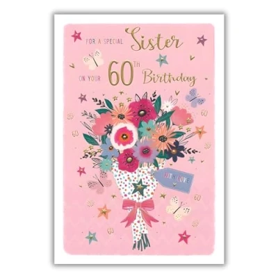 Image of Sister 60th Birthday Card Age 60 Floral Bouquet and Butterflies Special Finishes Made in the UK Eco Friendly