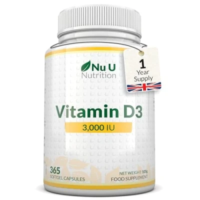 Image of Vitamin D 3000IU 365 Softgel Capsules 1 Year Supply Triple Strength D3 Supplement High Absorption Cholecalciferol Gluten &amp; Dairy Free by Nu U Nutrition