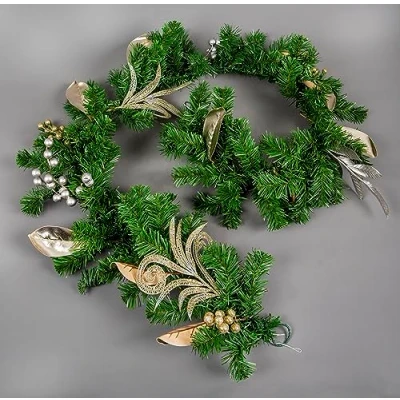 Image of 200cm Christmas Garland Decorated with Silver and Champagne Gold Berries, Eucalyptus Leaves, Pine Needles, Grapevine Fireplace Door Room Wall Home Hanging Xmas Decorations