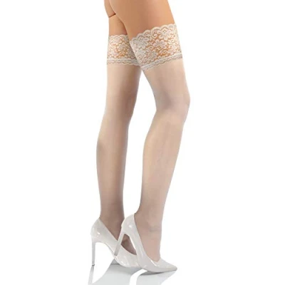 Image of Sesto Senso Women&#039;s Hold Ups Stockings Sexy Lace Top 15 Denier 3/4 M L White